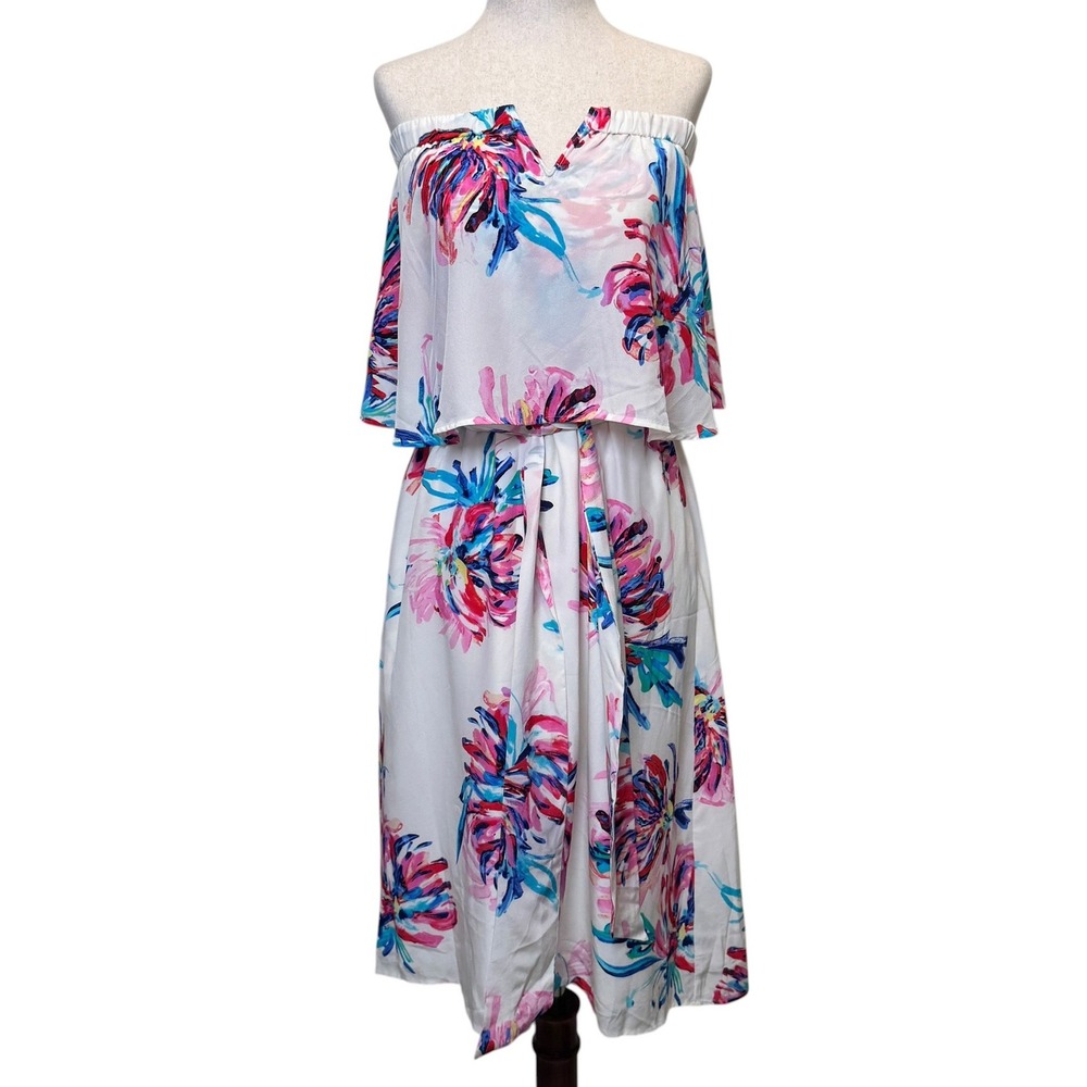 Yumi Kim Silk Midi Dress M White Floral Silk Sleeveless Resort Pockets Vacation